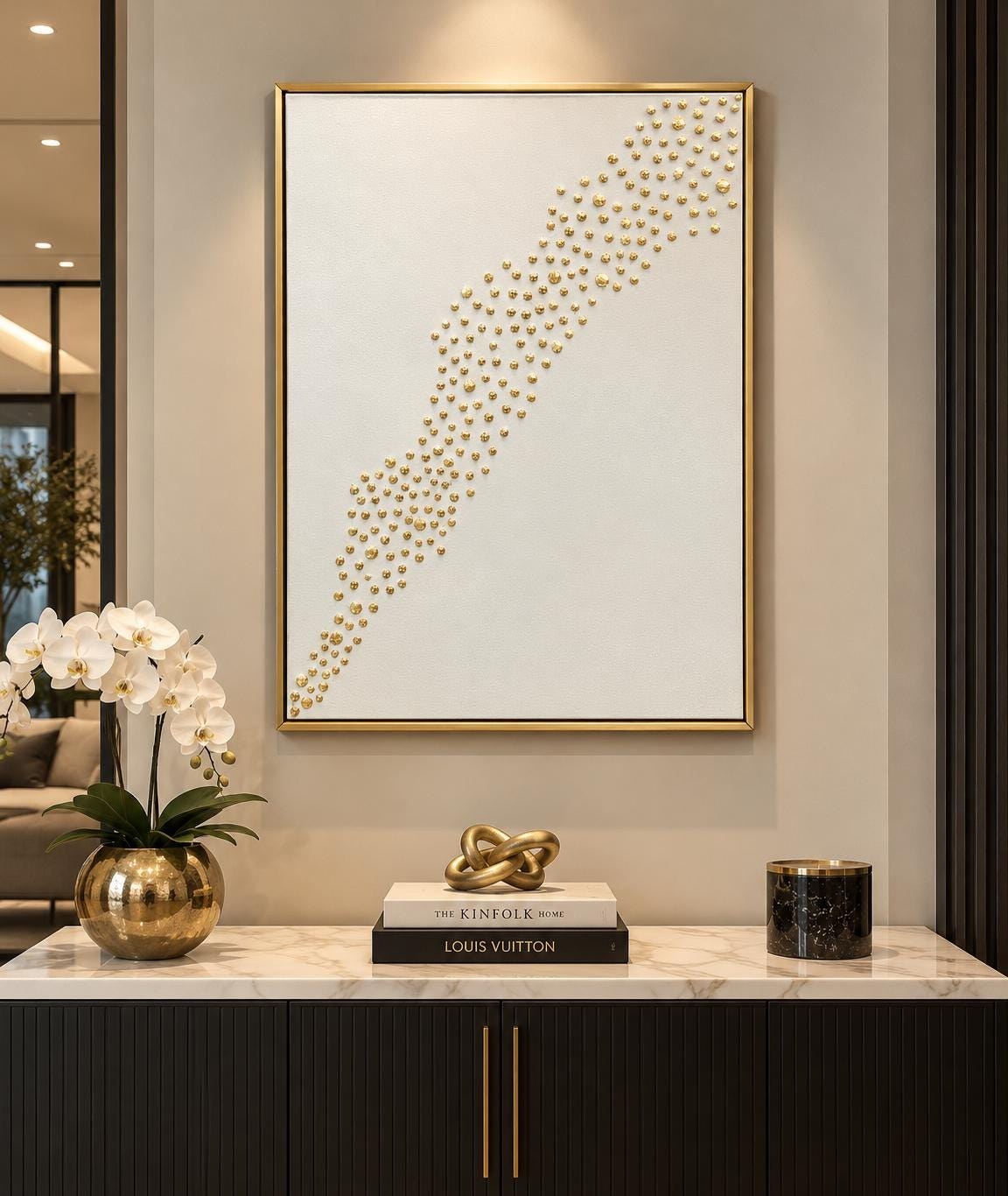 Handmade White & Gold Abstract Canvas Art | Textured Minimalist Wall Decor with floating frame. Additional sizes available view 1