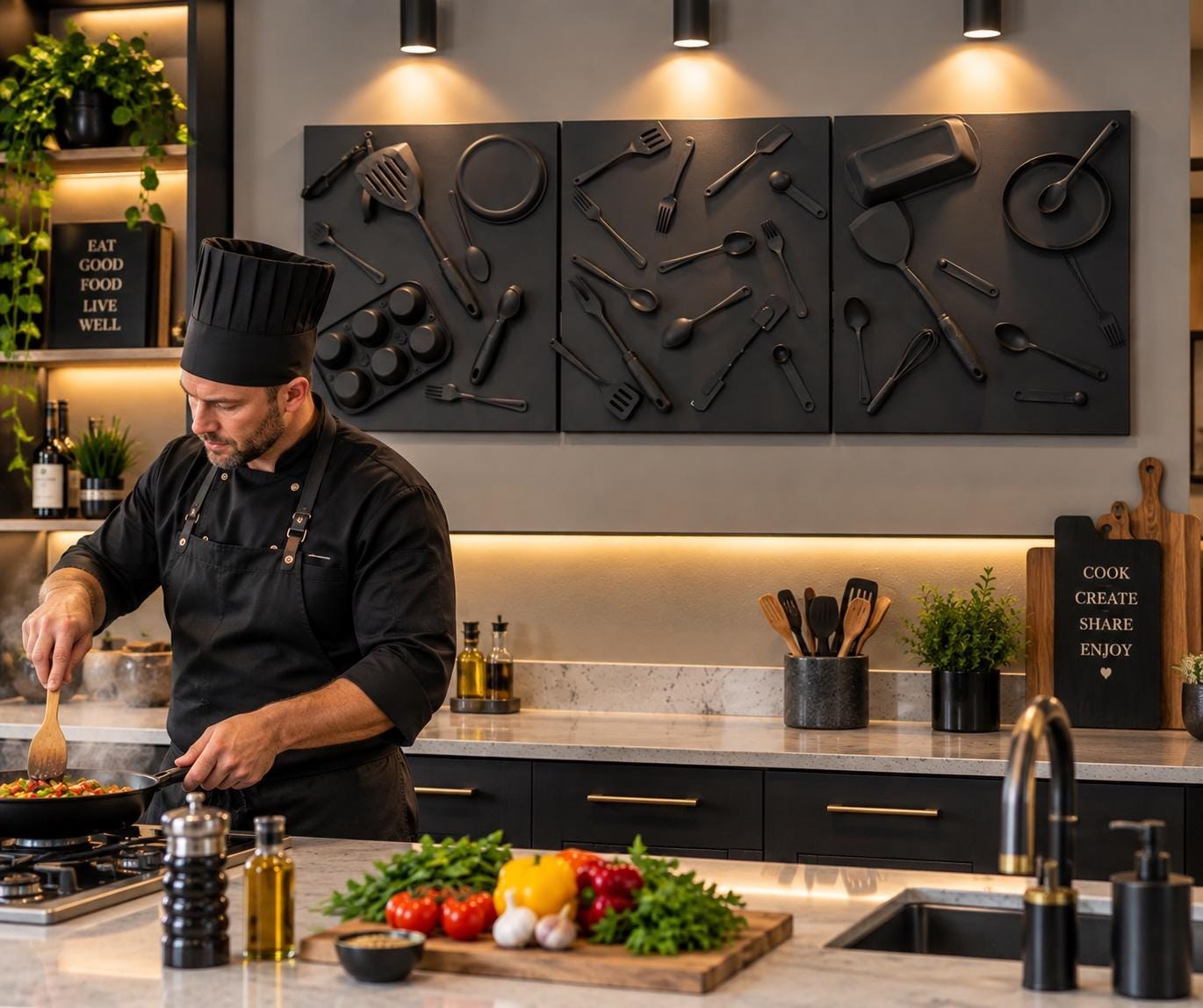 Modern Black handcrafted Kitchen Wall Art Set | 3D Utensil Canvas Panels. 1 - 3 Panel Set. (18x24 per panel) Additional sizes available view 2