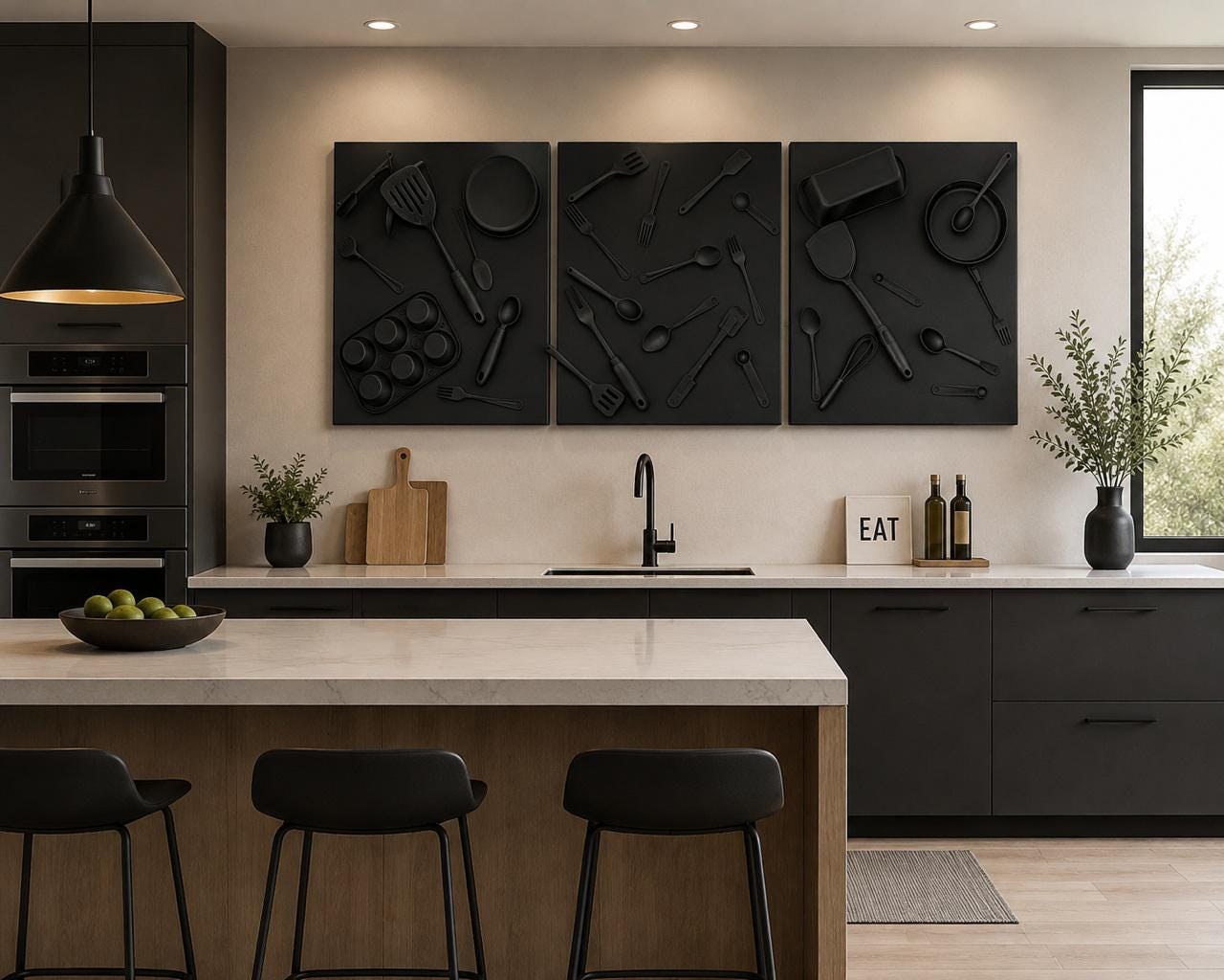 Modern Black handcrafted Kitchen Wall Art Set | 3D Utensil Canvas Panels. 1 - 3 Panel Set. (18x24 per panel) Additional sizes available view 3