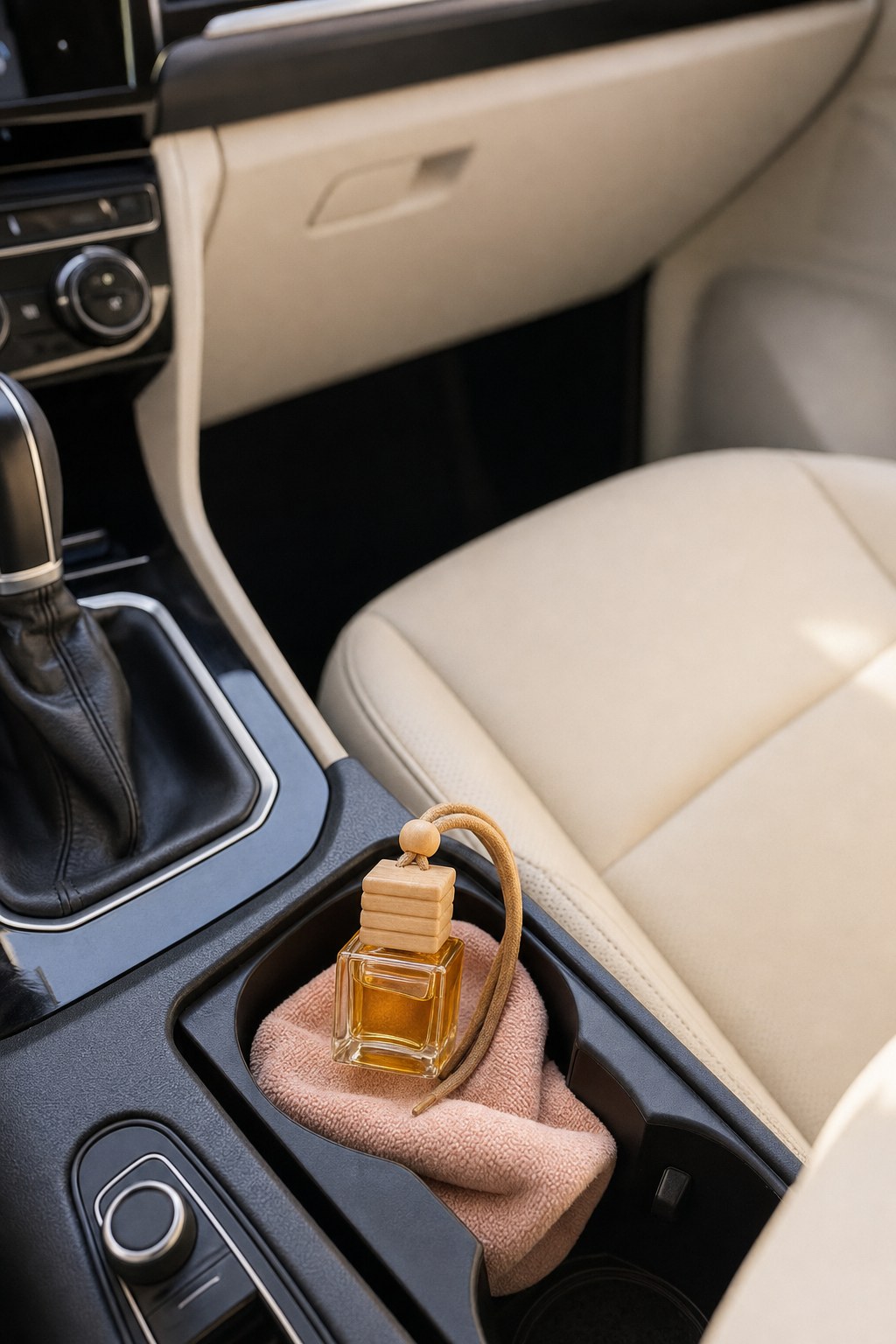 Glass car diffuser resting upright on a cloth in a parked car cup holder