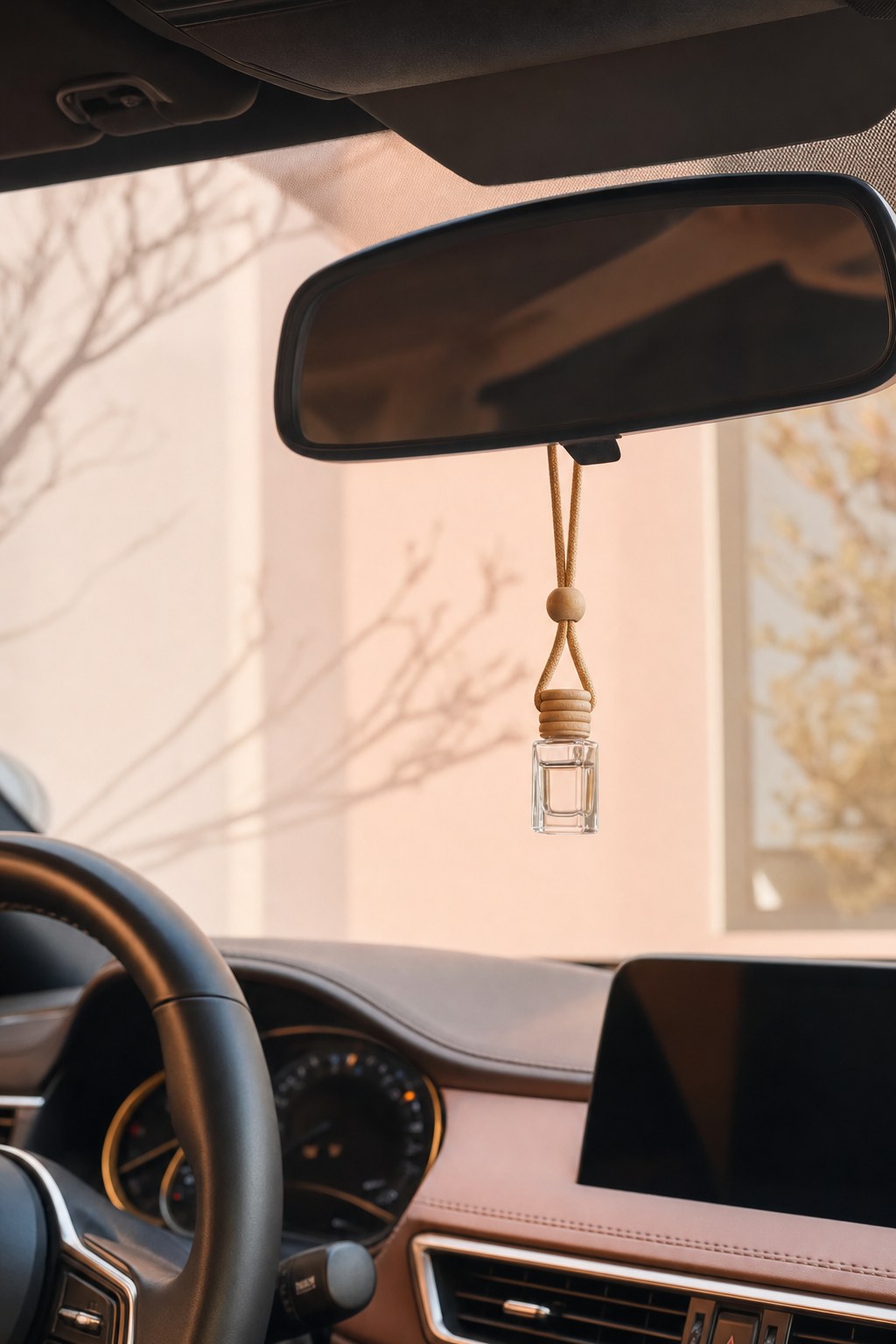 Hanging glass car diffuser beneath a rearview mirror in a parked car
