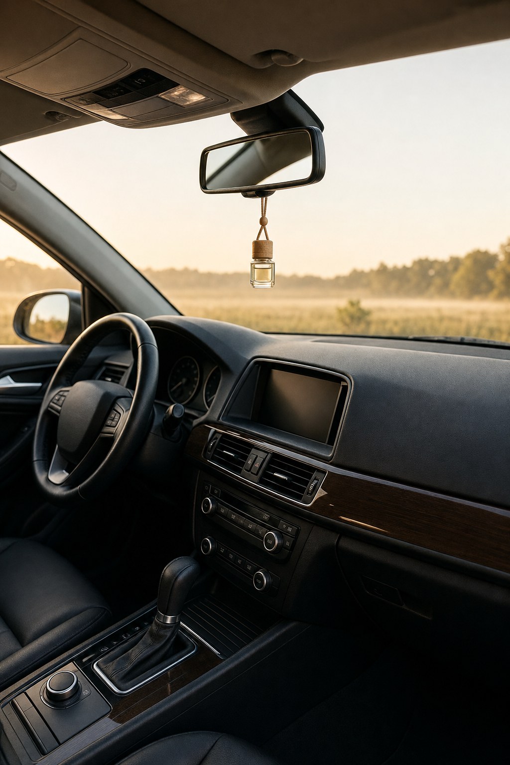 A short-hung glass car diffuser placed clear of the windshield and dashboard
