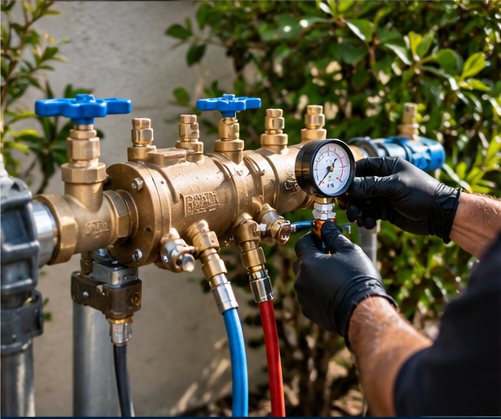 Backflow assembly with blue valve handles, a pressure gauge and connected test hoses