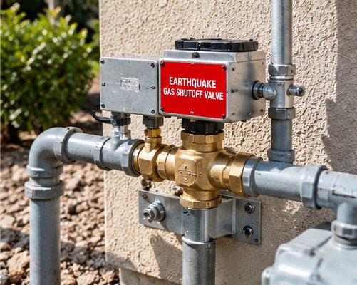 Earthquake gas shutoff valve installed in piping beside a gas meter
