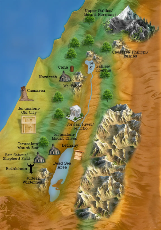 Illustrated map of the Holy Land pilgrimage route