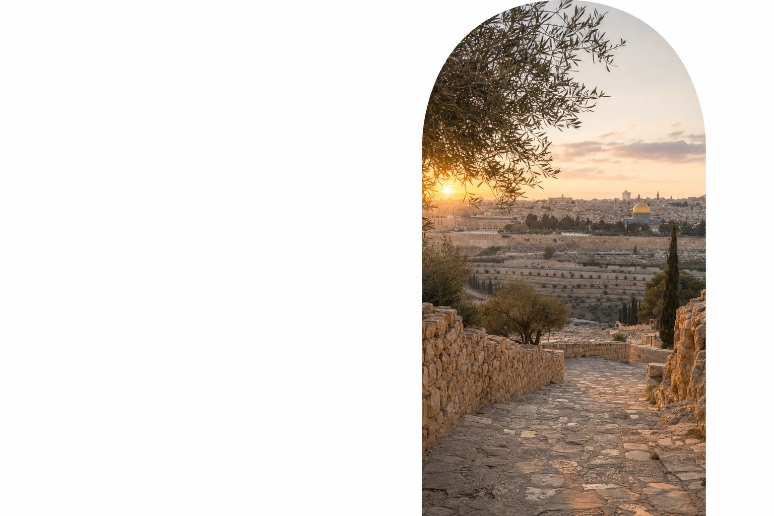 Jerusalem at sunrise viewed from a stone path