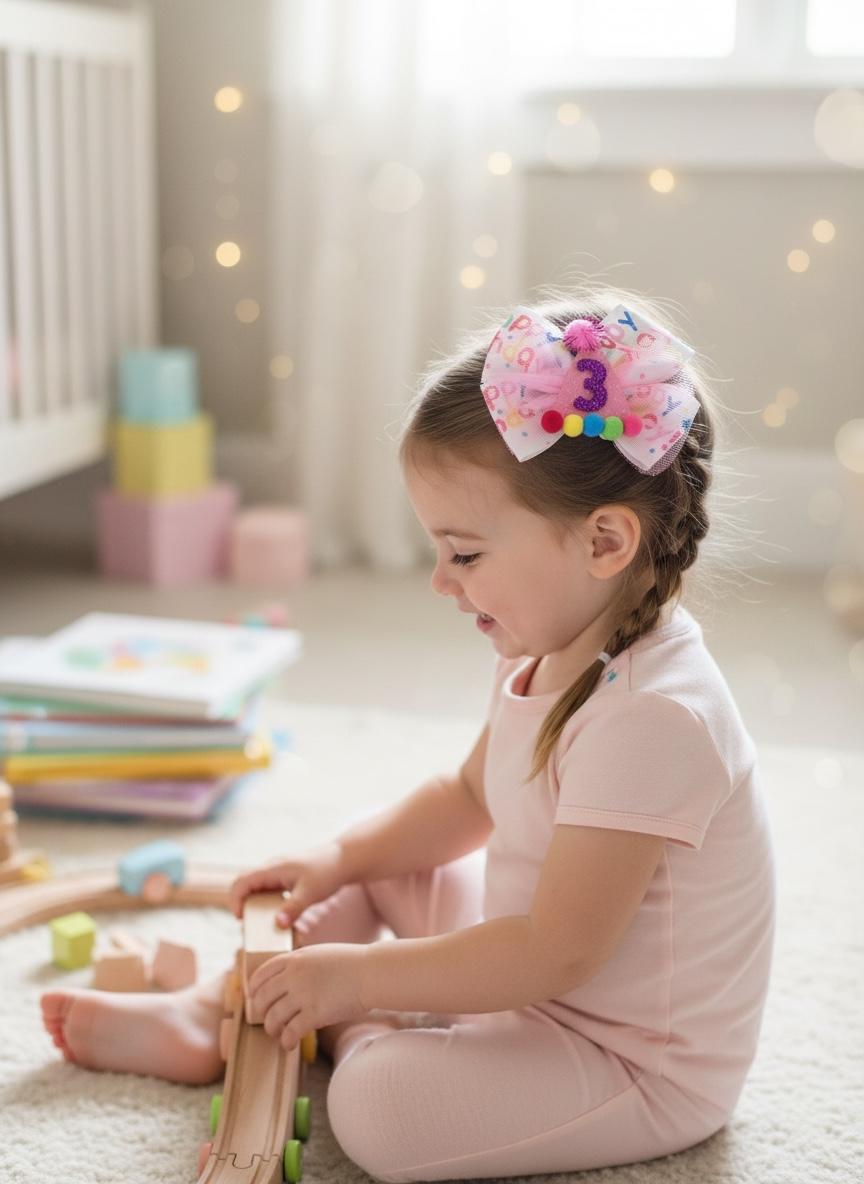 3rd Birthday Hair Bow Pink Tulle Glitter Party Hat Clip Toddler Girl Outfit