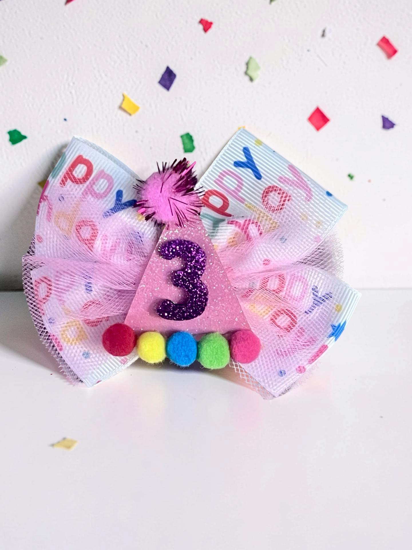 3rd Birthday Hair Bow Pink Tulle Glitter Party Hat Clip Toddler Girl Outfit, view 2