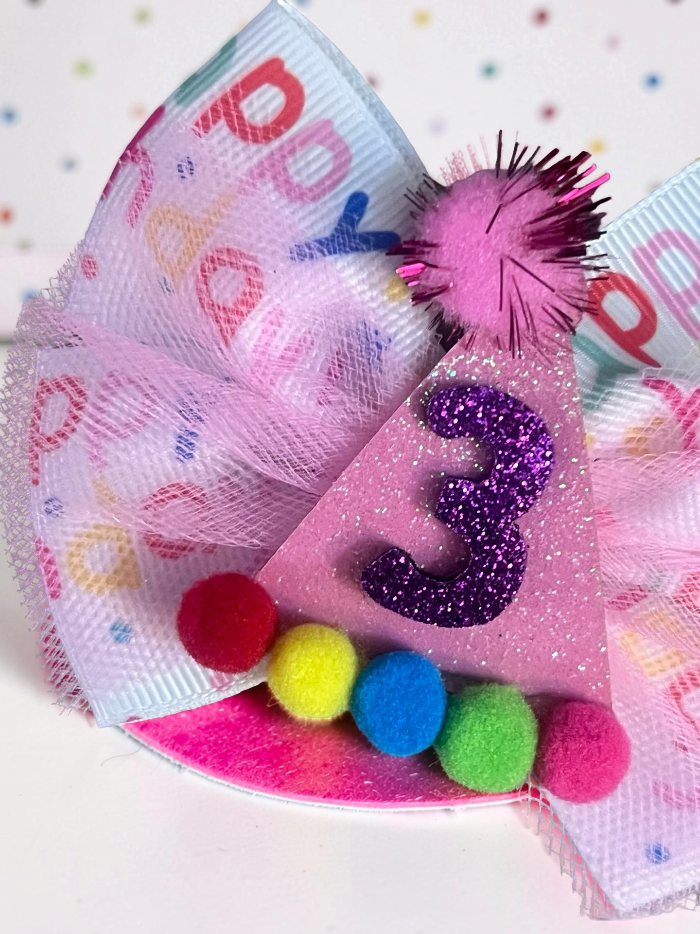 3rd Birthday Hair Bow Pink Tulle Glitter Party Hat Clip Toddler Girl Outfit, view 4