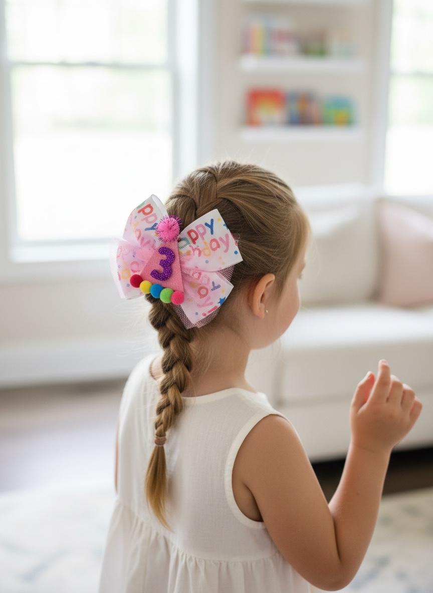 3rd Birthday Hair Bow Pink Tulle Glitter Party Hat Clip Toddler Girl Outfit, view 5