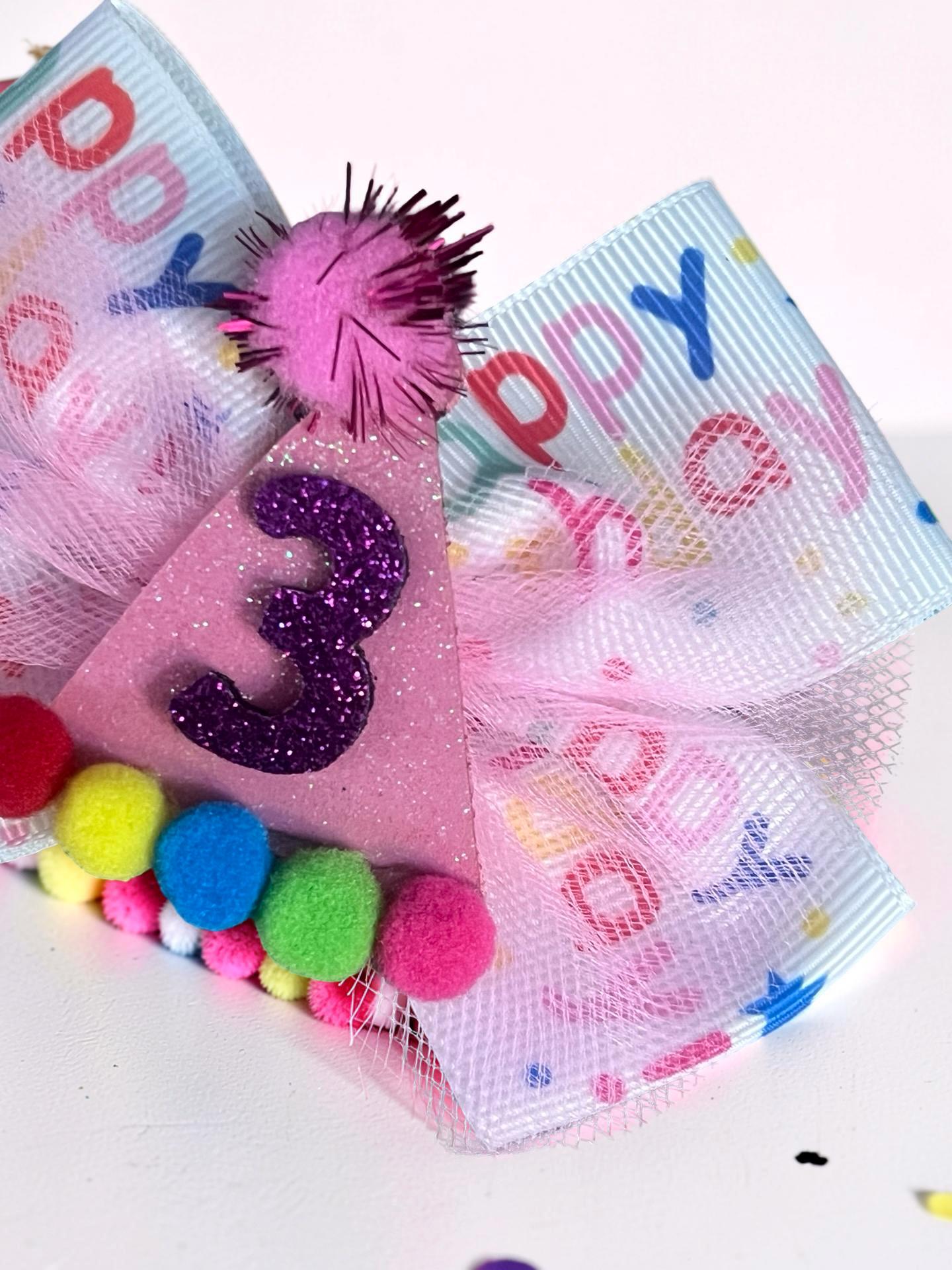 3rd Birthday Hair Bow Pink Tulle Glitter Party Hat Clip Toddler Girl Outfit, view 6