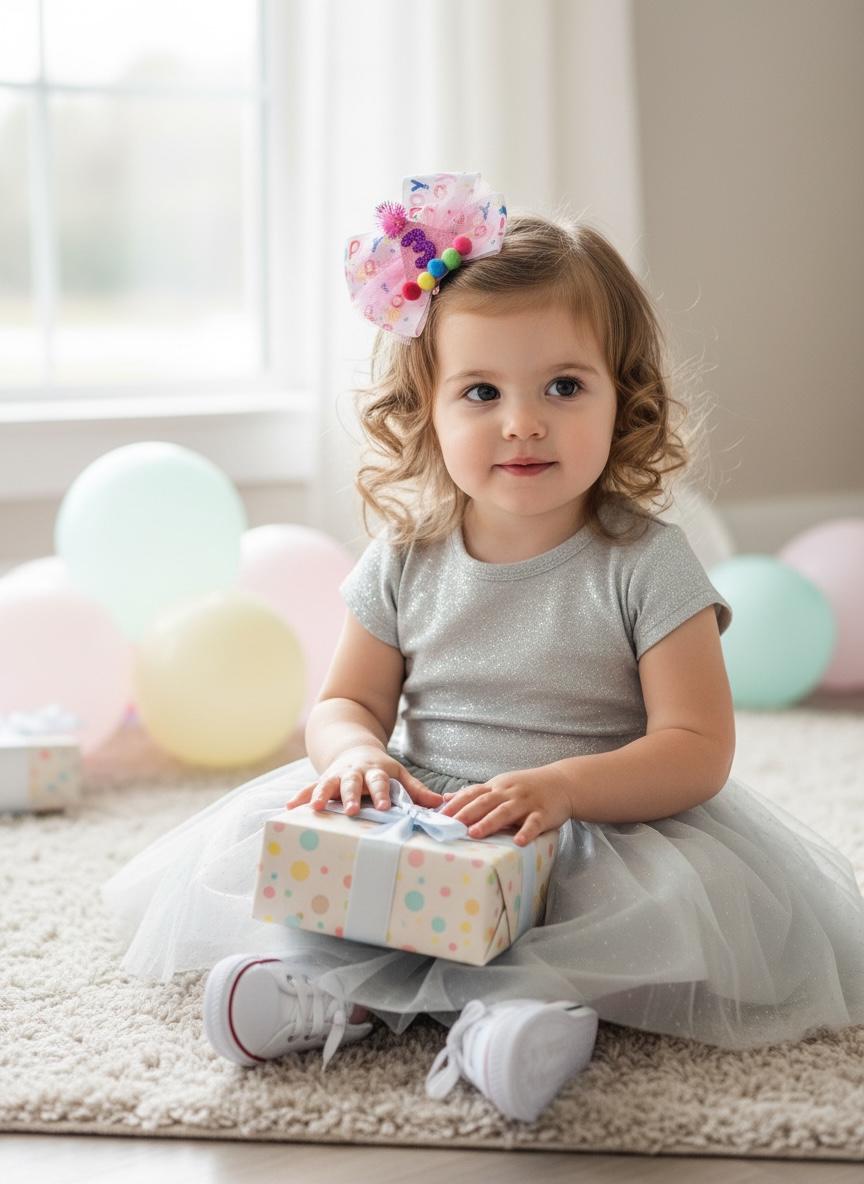 3rd Birthday Hair Bow Pink Tulle Glitter Party Hat Clip Toddler Girl Outfit, view 7