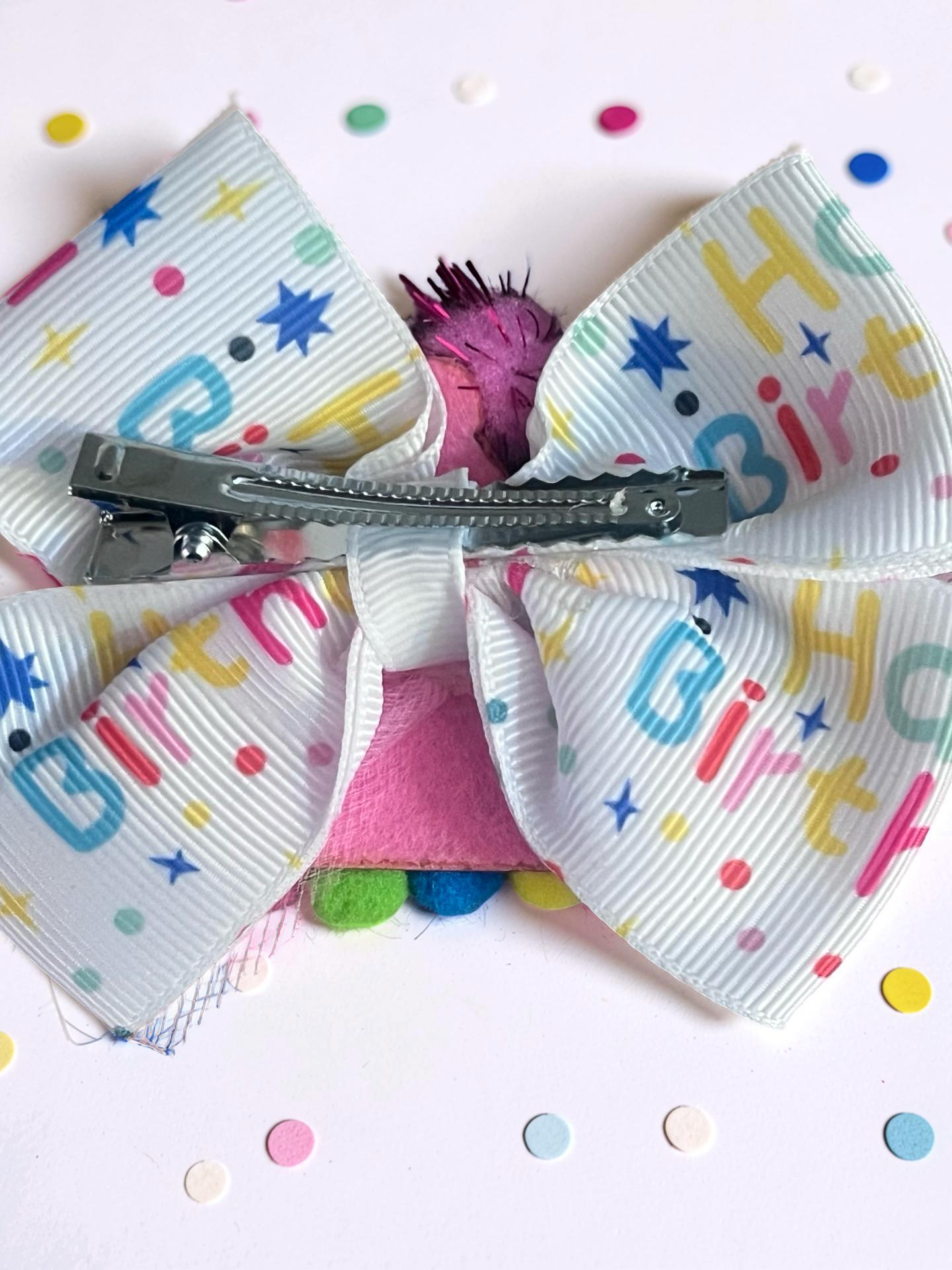 3rd Birthday Hair Bow Pink Tulle Glitter Party Hat Clip Toddler Girl Outfit, view 8