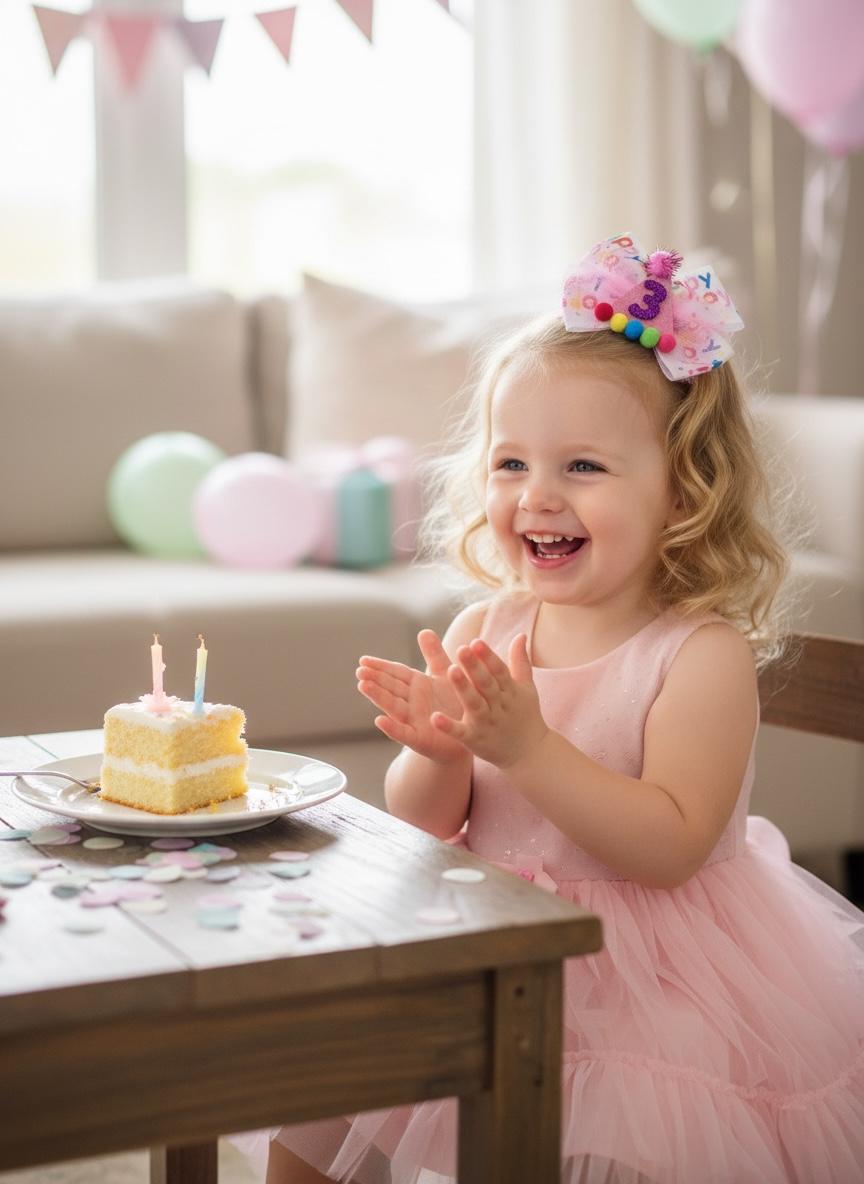 3rd Birthday Hair Bow Pink Tulle Glitter Party Hat Clip Toddler Girl Outfit, view 9