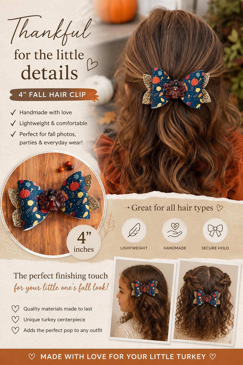 4” Thanksgiving Turkey Hair Bow Clip, view 4