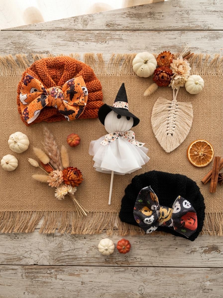 Baby Fall Halloween pumpkin and ghost knitted hair bow beanie