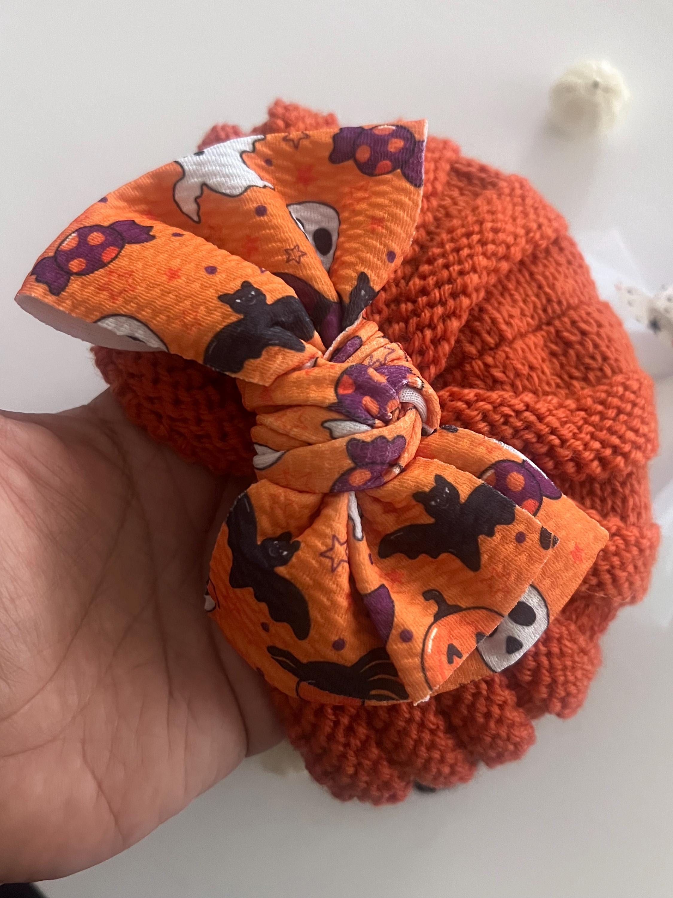 Baby Fall Halloween pumpkin and ghost knitted hair bow beanie, view 10