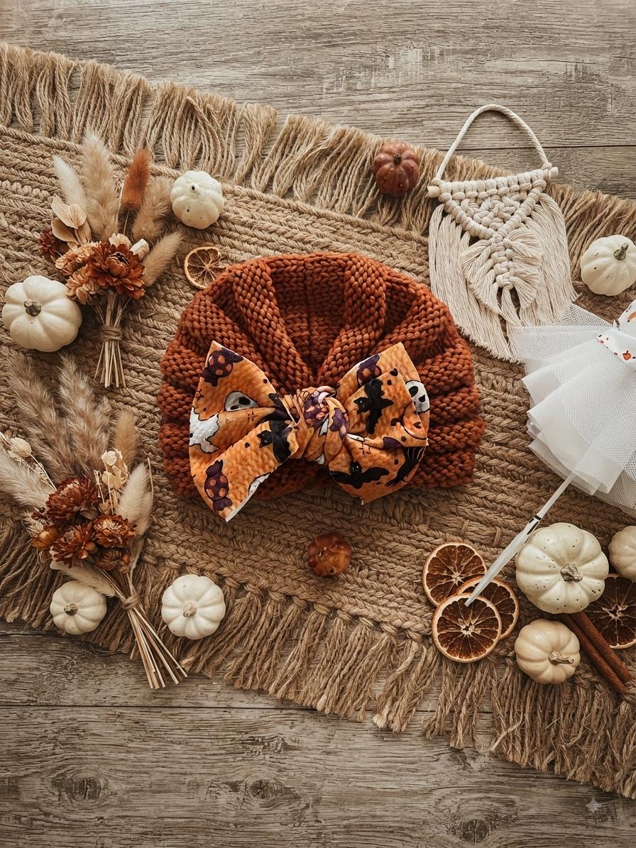 Baby Fall Halloween pumpkin and ghost knitted hair bow beanie, view 12