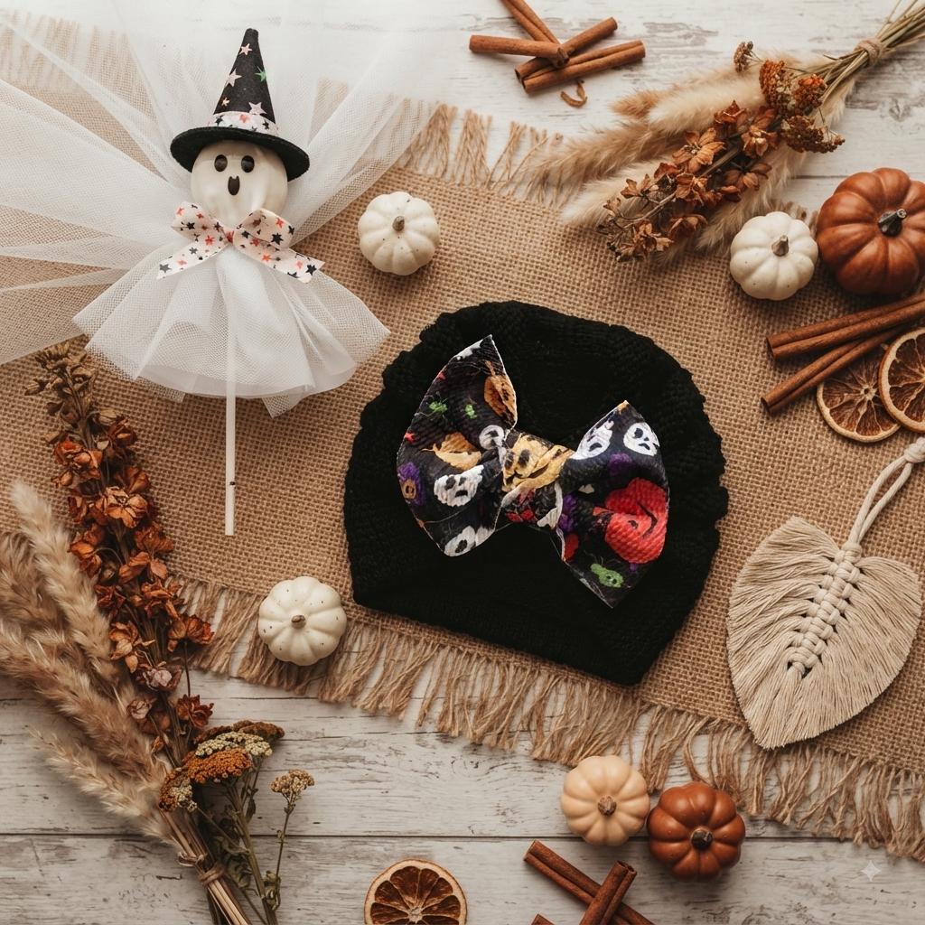 Baby Fall Halloween pumpkin and ghost knitted hair bow beanie, view 13