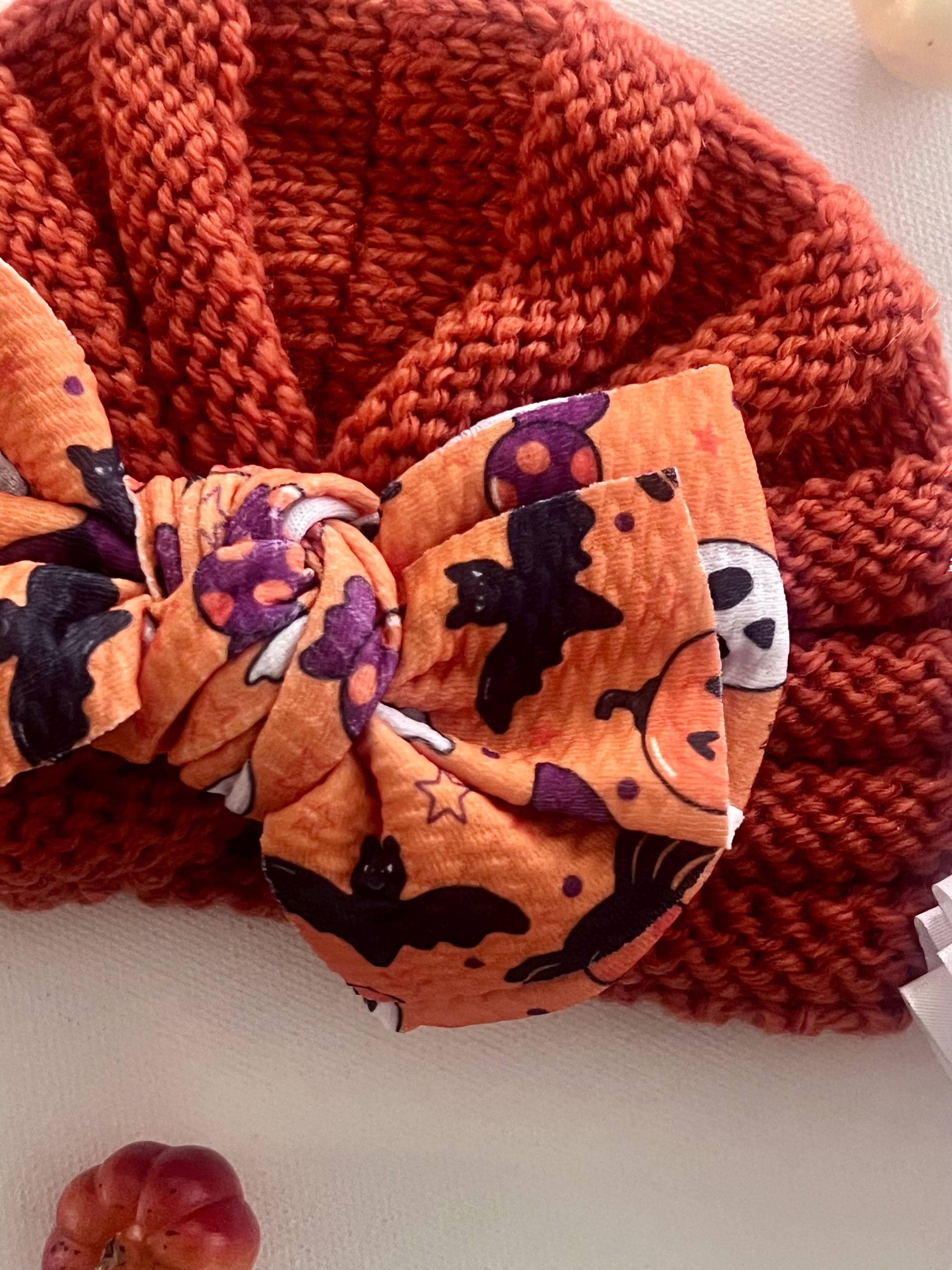 Baby Fall Halloween pumpkin and ghost knitted hair bow beanie, view 15
