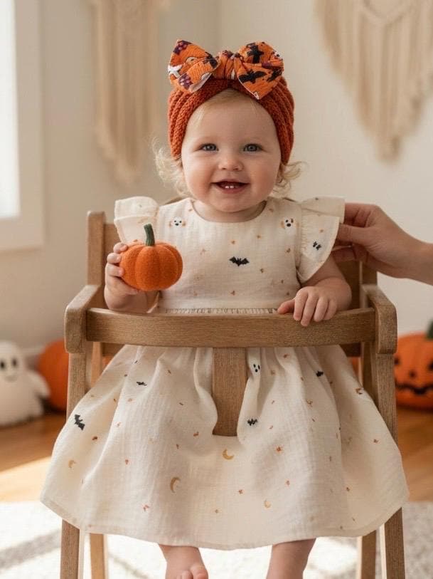 Baby Fall Halloween pumpkin and ghost knitted hair bow beanie, view 2