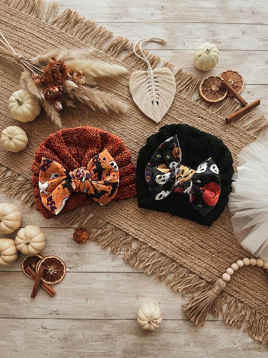 Baby Fall Halloween pumpkin and ghost knitted hair bow beanie, view 3