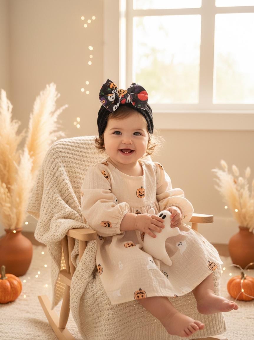 Baby Fall Halloween pumpkin and ghost knitted hair bow beanie, view 4