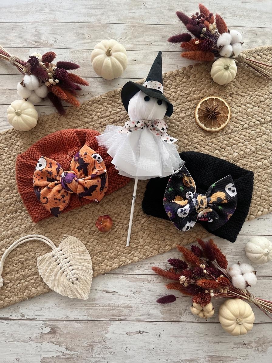 Baby Fall Halloween pumpkin and ghost knitted hair bow beanie, view 5