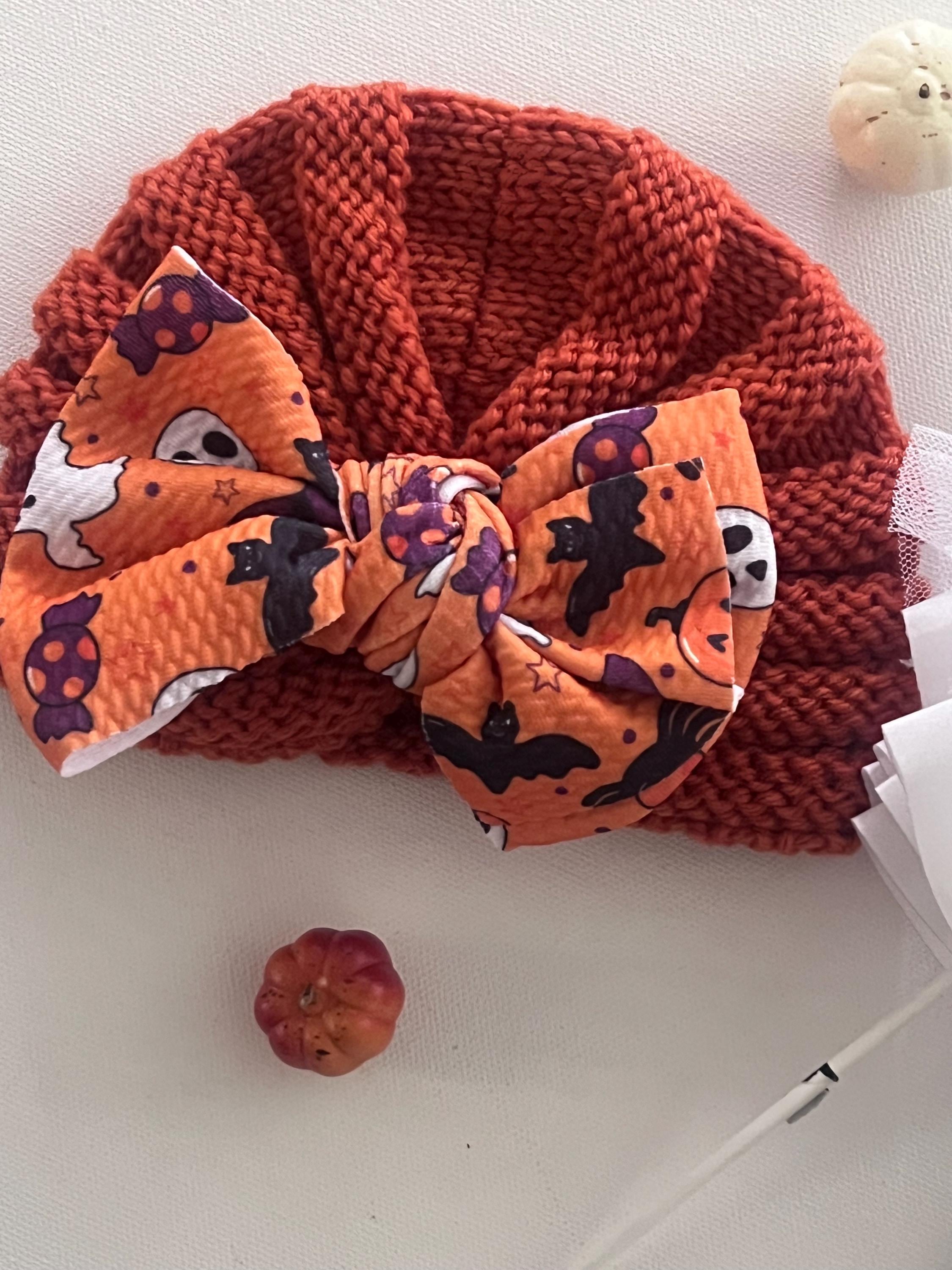 Baby Fall Halloween pumpkin and ghost knitted hair bow beanie, view 6