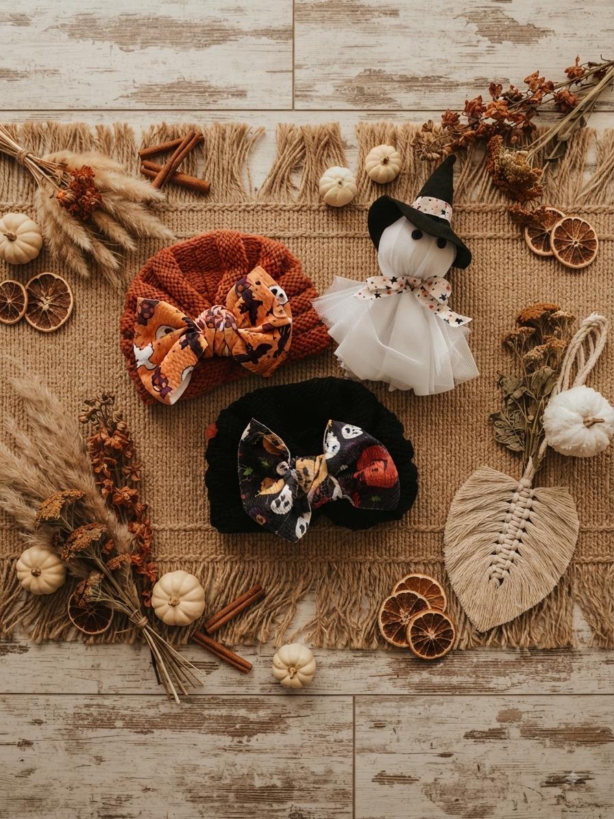 Baby Fall Halloween pumpkin and ghost knitted hair bow beanie, view 7