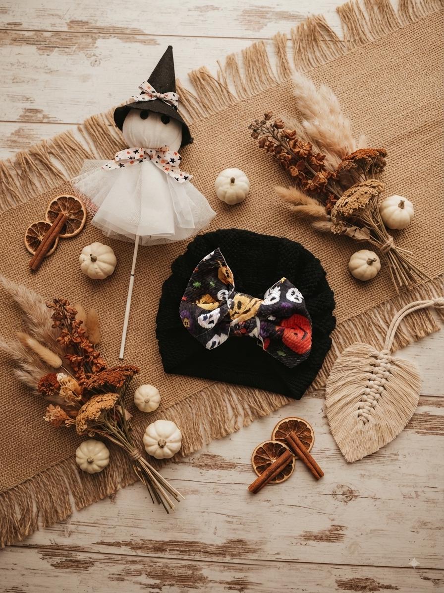 Baby Fall Halloween pumpkin and ghost knitted hair bow beanie, view 9