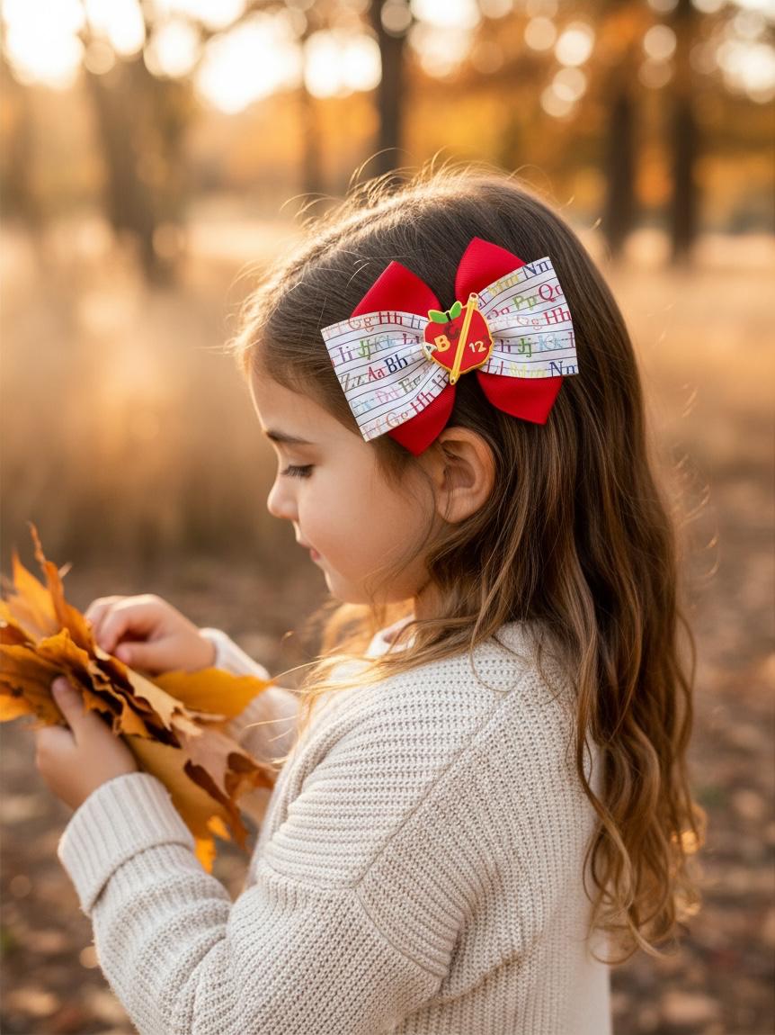 Back to school Apple ABC /123 Alphabet ribbon hair bow clip