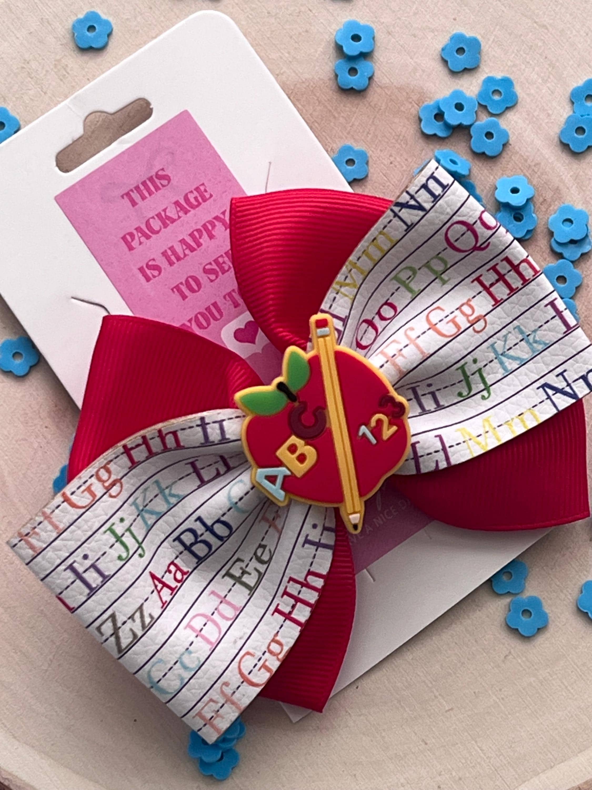 Back to school Apple ABC /123 Alphabet ribbon hair bow clip, view 3