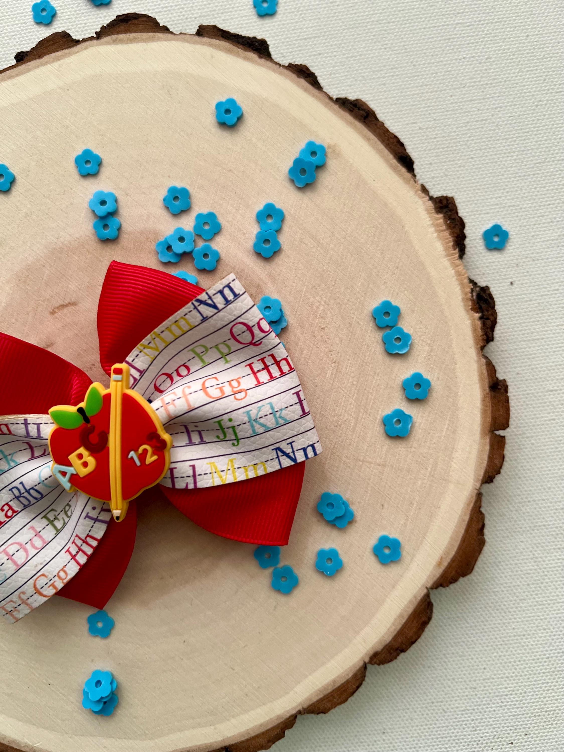 Back to school Apple ABC /123 Alphabet ribbon hair bow clip, view 4