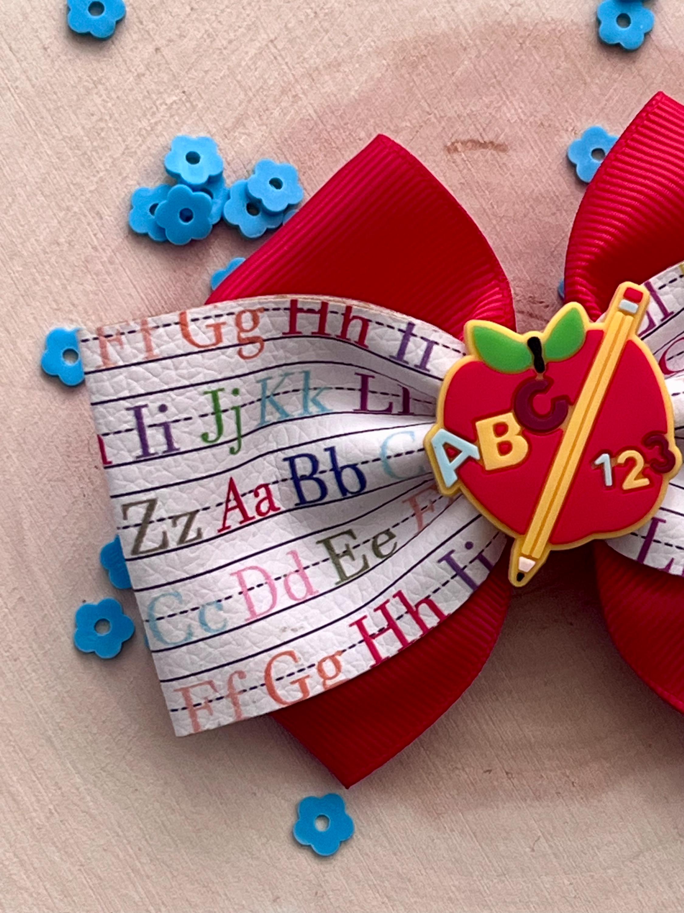 Back to school Apple ABC /123 Alphabet ribbon hair bow clip, view 5