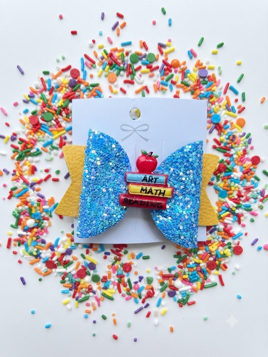 Back to School Book and Apple Hair Bow Sparkle Blue & Yellow Hair Clip