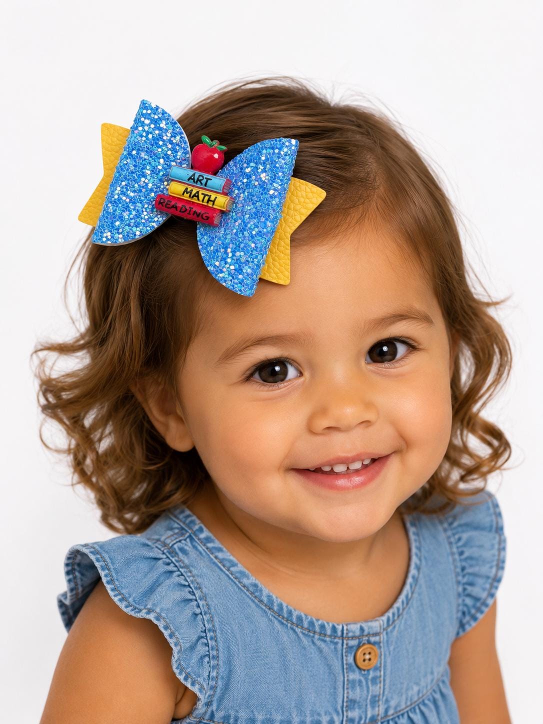 Back to School Book and Apple Hair Bow Sparkle Blue & Yellow Hair Clip, view 2