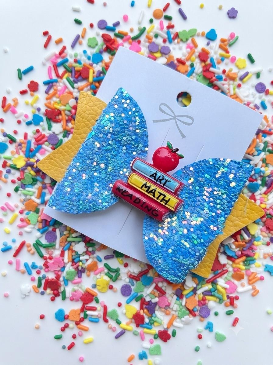 Back to School Book and Apple Hair Bow Sparkle Blue & Yellow Hair Clip, view 4