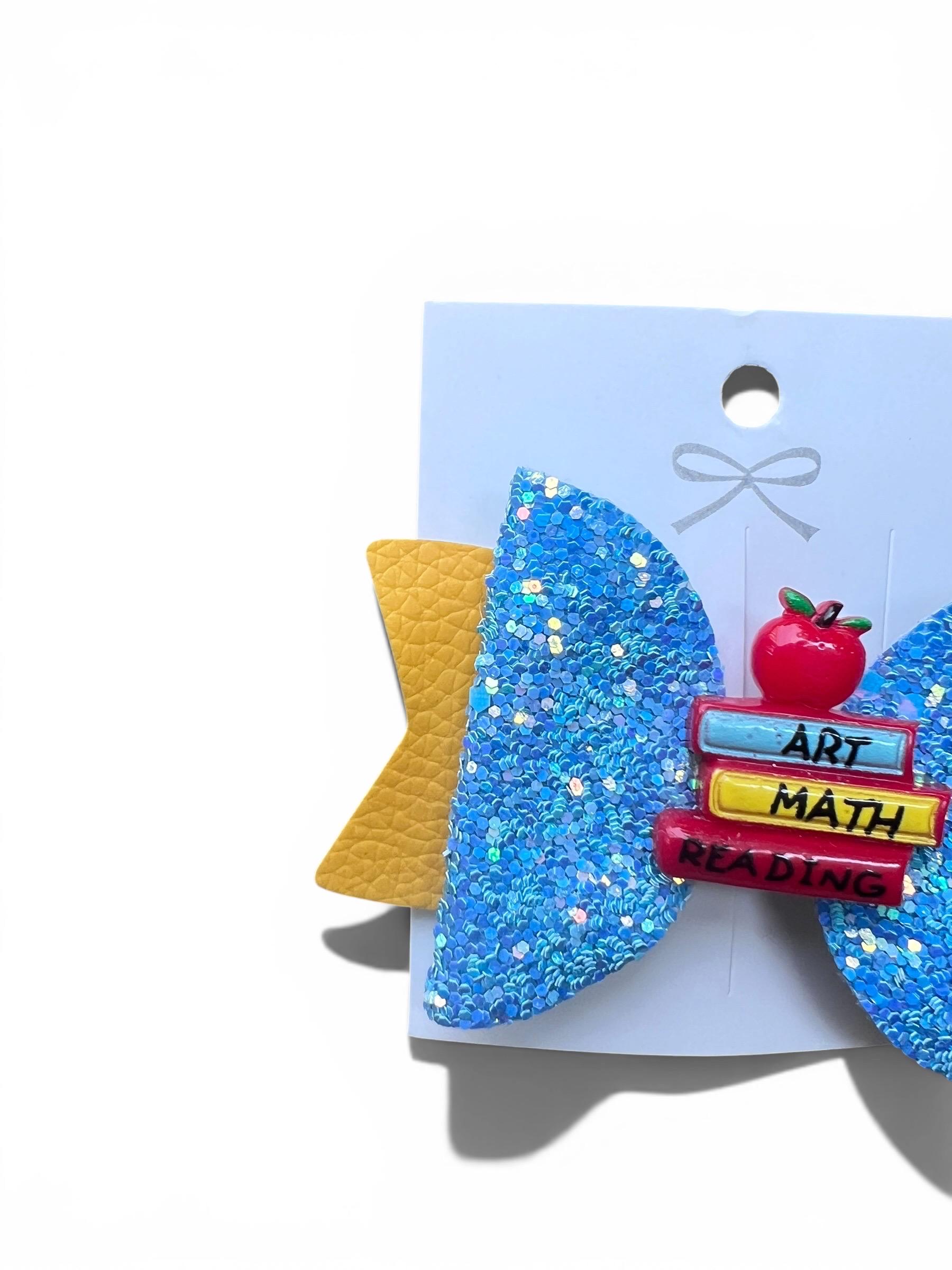 Back to School Book and Apple Hair Bow Sparkle Blue & Yellow Hair Clip, view 5
