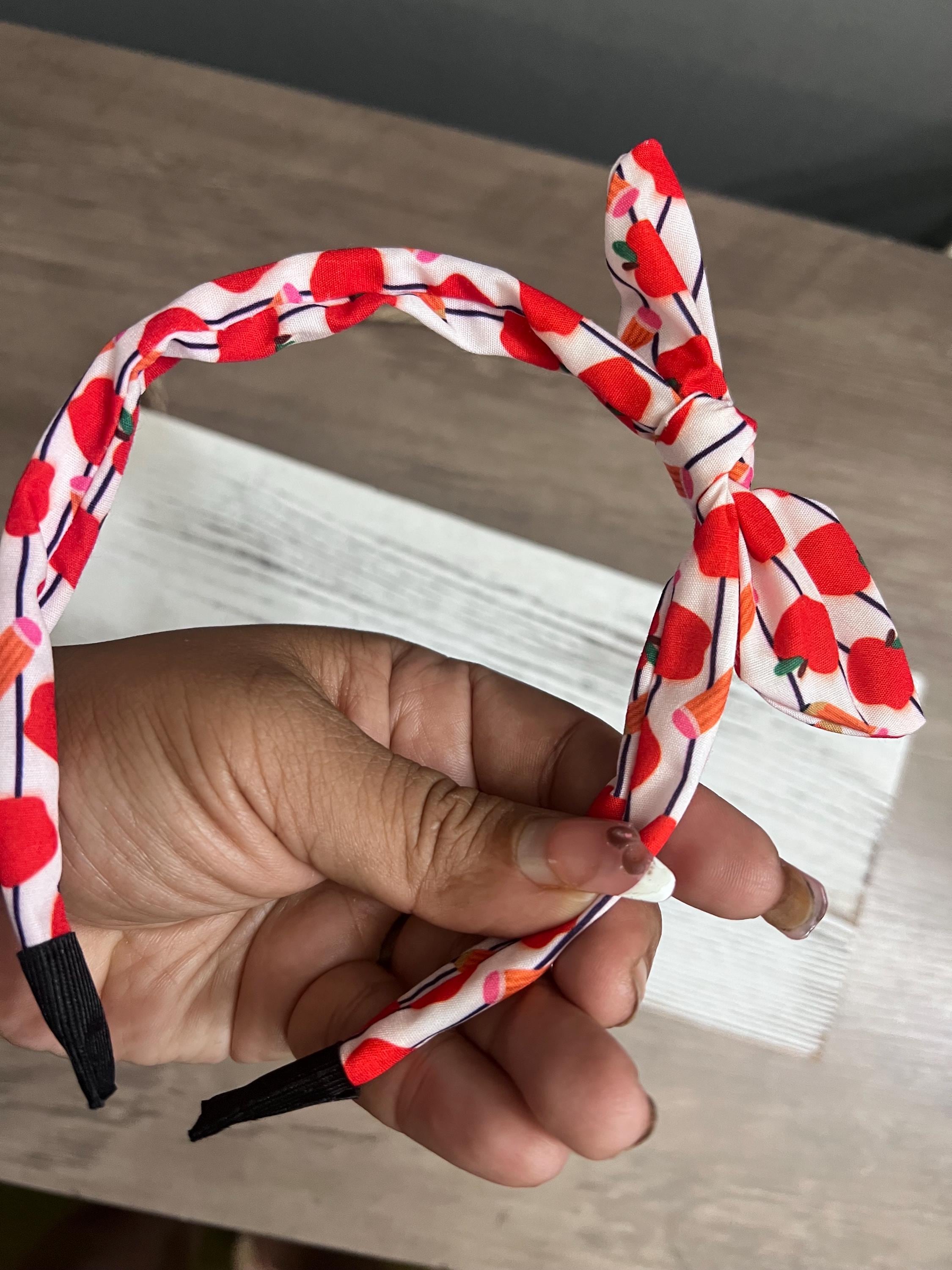 Back to School Bow Headband For Kids Apple and Pencil Print Knot Headband, view 10