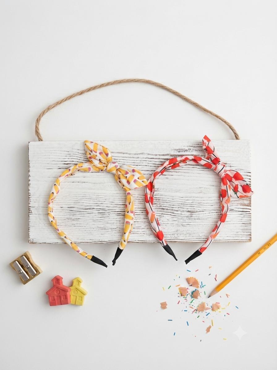 Back to School Bow Headband For Kids Apple and Pencil Print Knot Headband, view 2