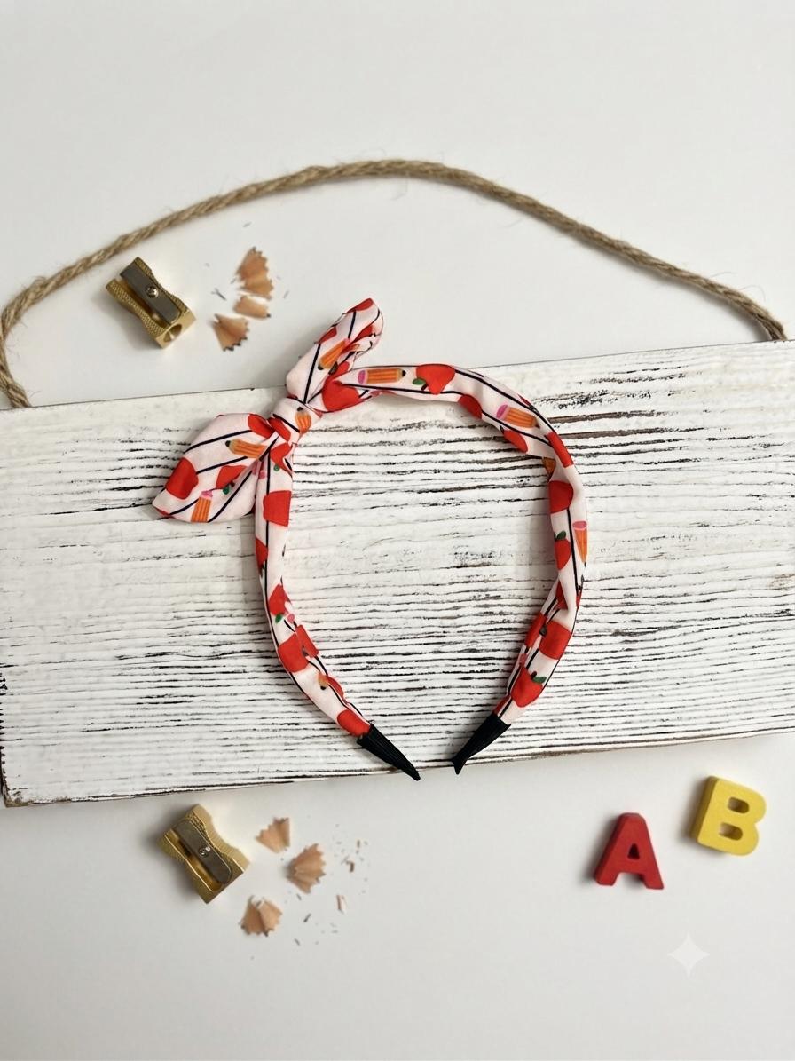 Back to School Bow Headband For Kids Apple and Pencil Print Knot Headband, view 3
