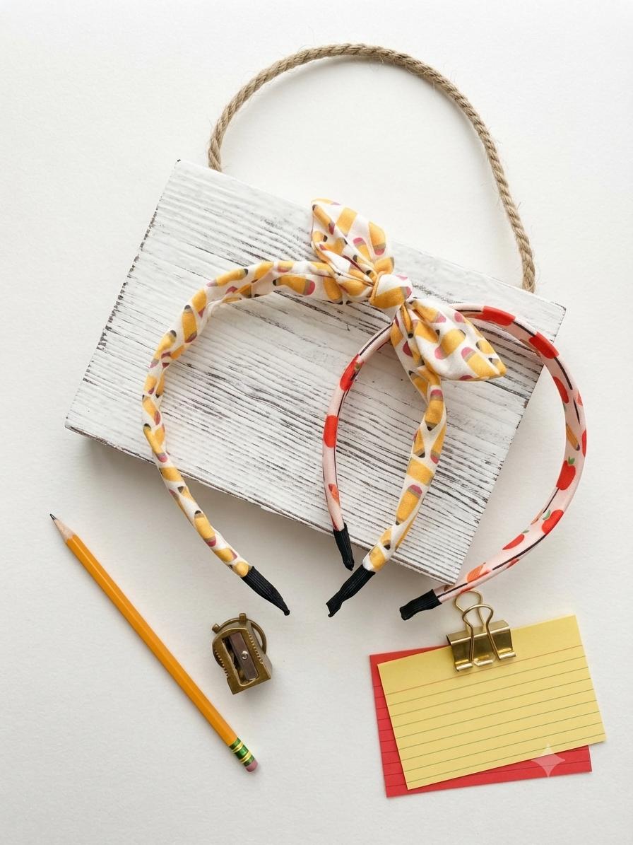 Back to School Bow Headband For Kids Apple and Pencil Print Knot Headband, view 4