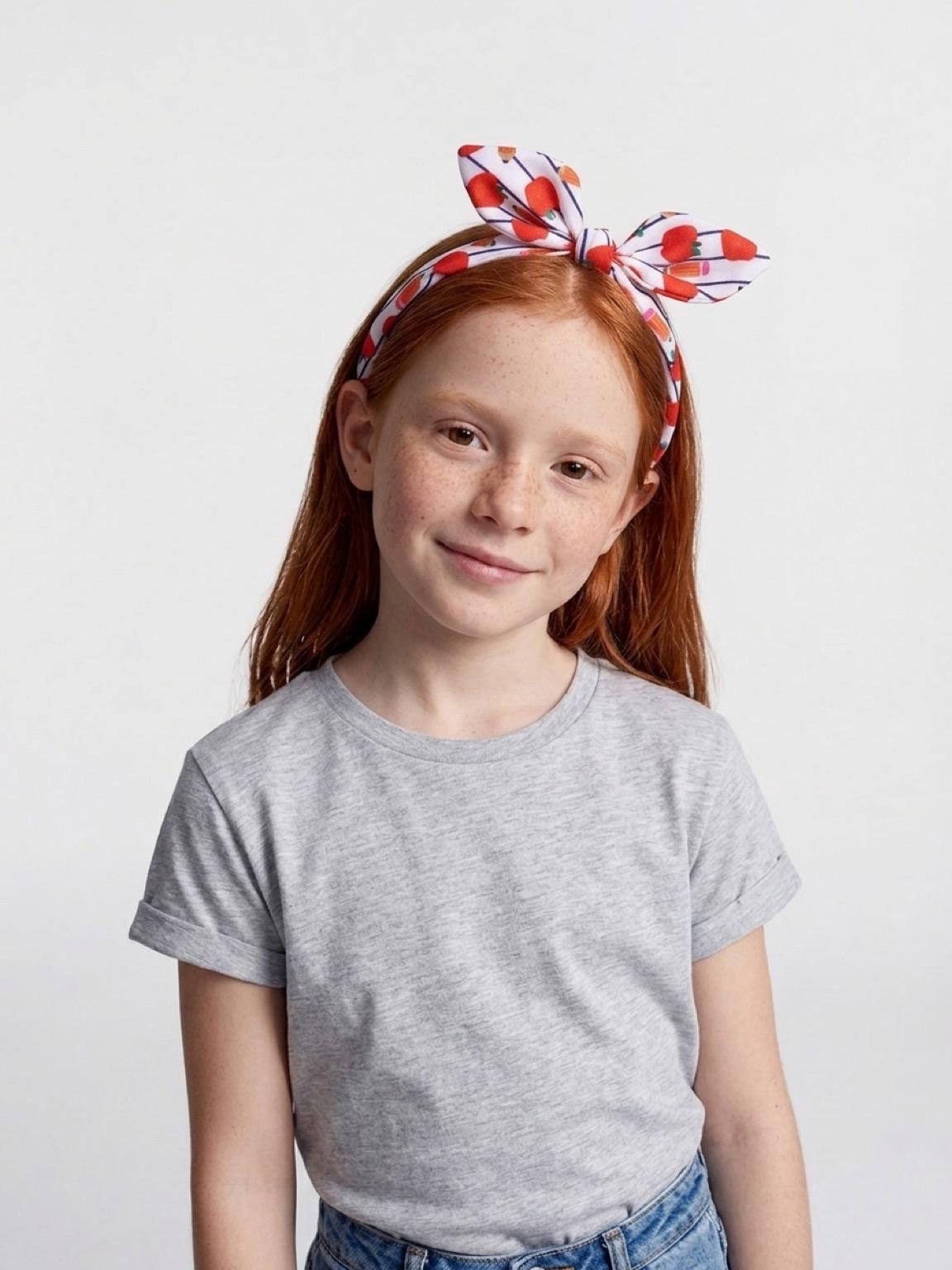 Back to School Bow Headband For Kids Apple and Pencil Print Knot Headband, view 5