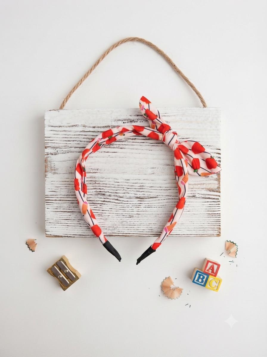 Back to School Bow Headband For Kids Apple and Pencil Print Knot Headband, view 6