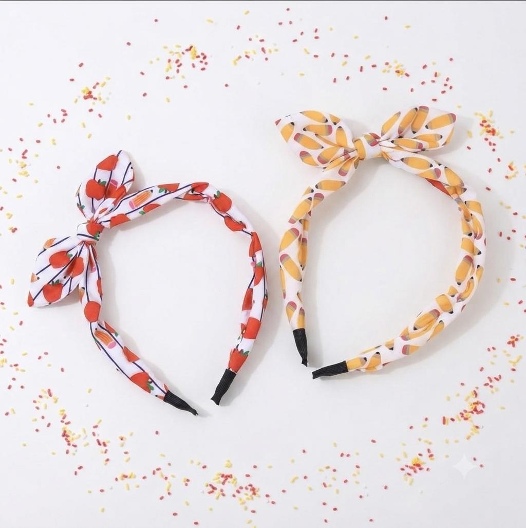 Back to School Bow Headband For Kids Apple and Pencil Print Knot Headband, view 7