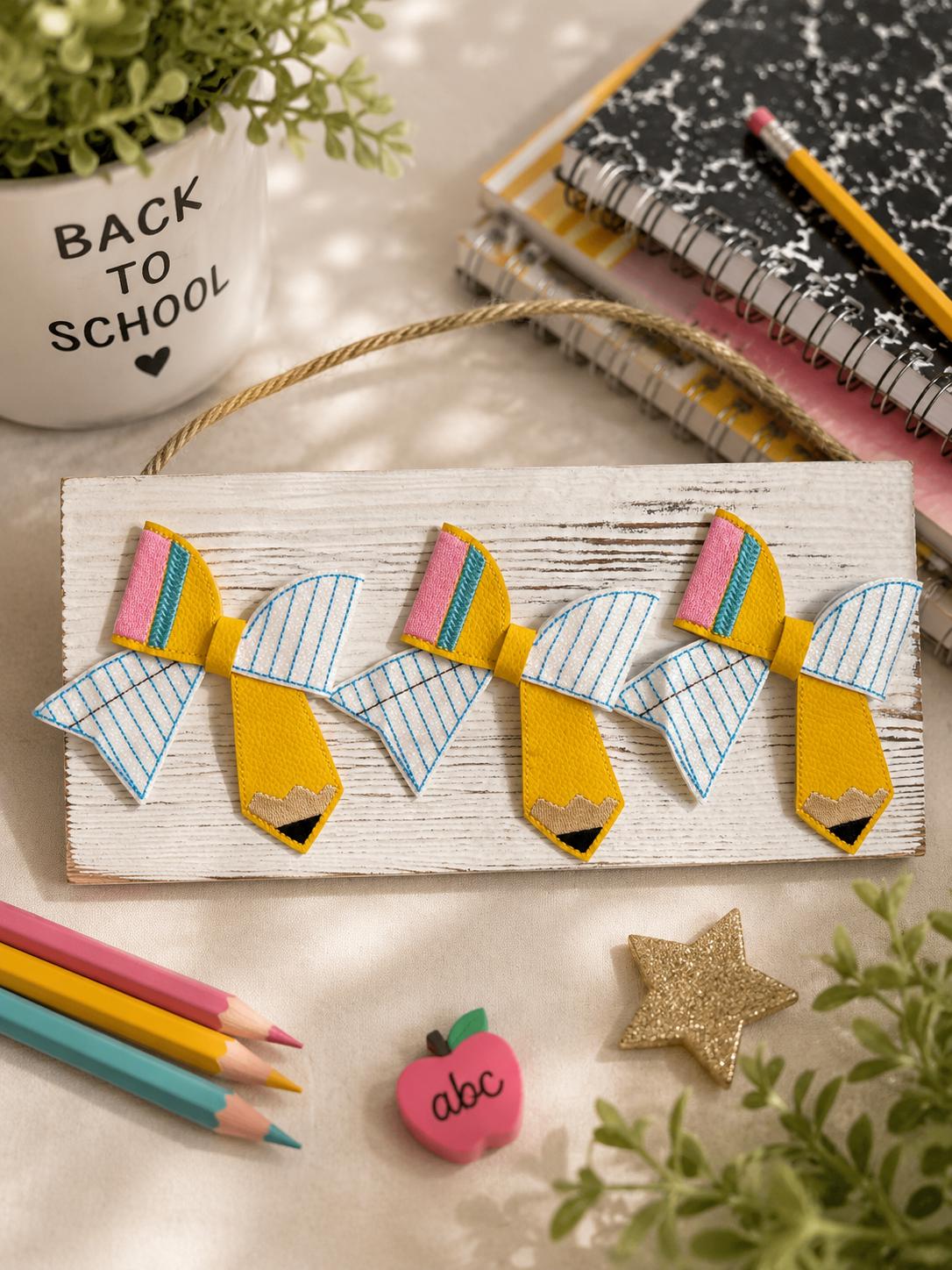 Back to School Pencil Bow Hair Clip – Yellow Pencil & Notebook Paper Design, view 2