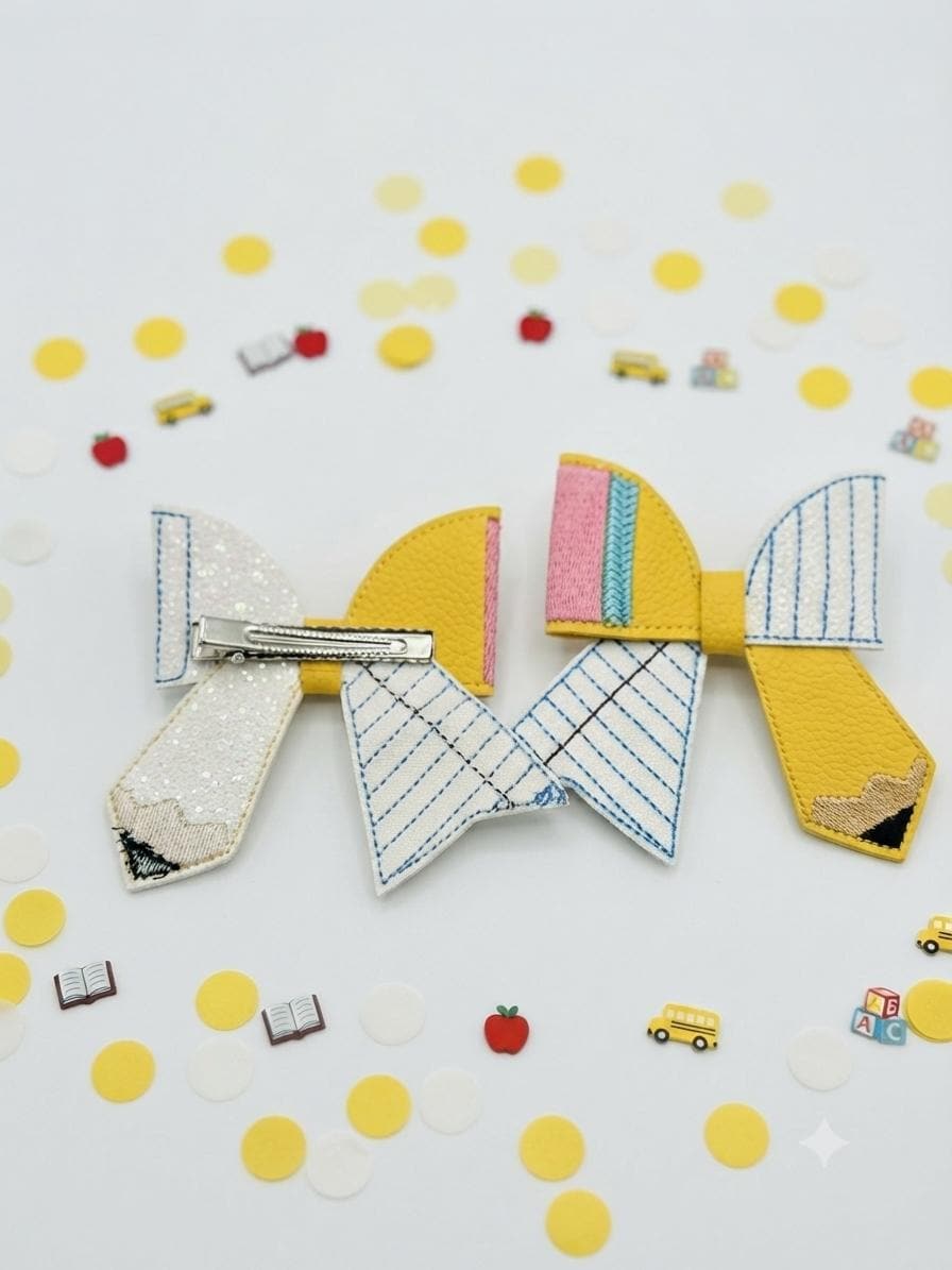 Back to School Pencil Bow Hair Clip – Yellow Pencil & Notebook Paper Design, view 7