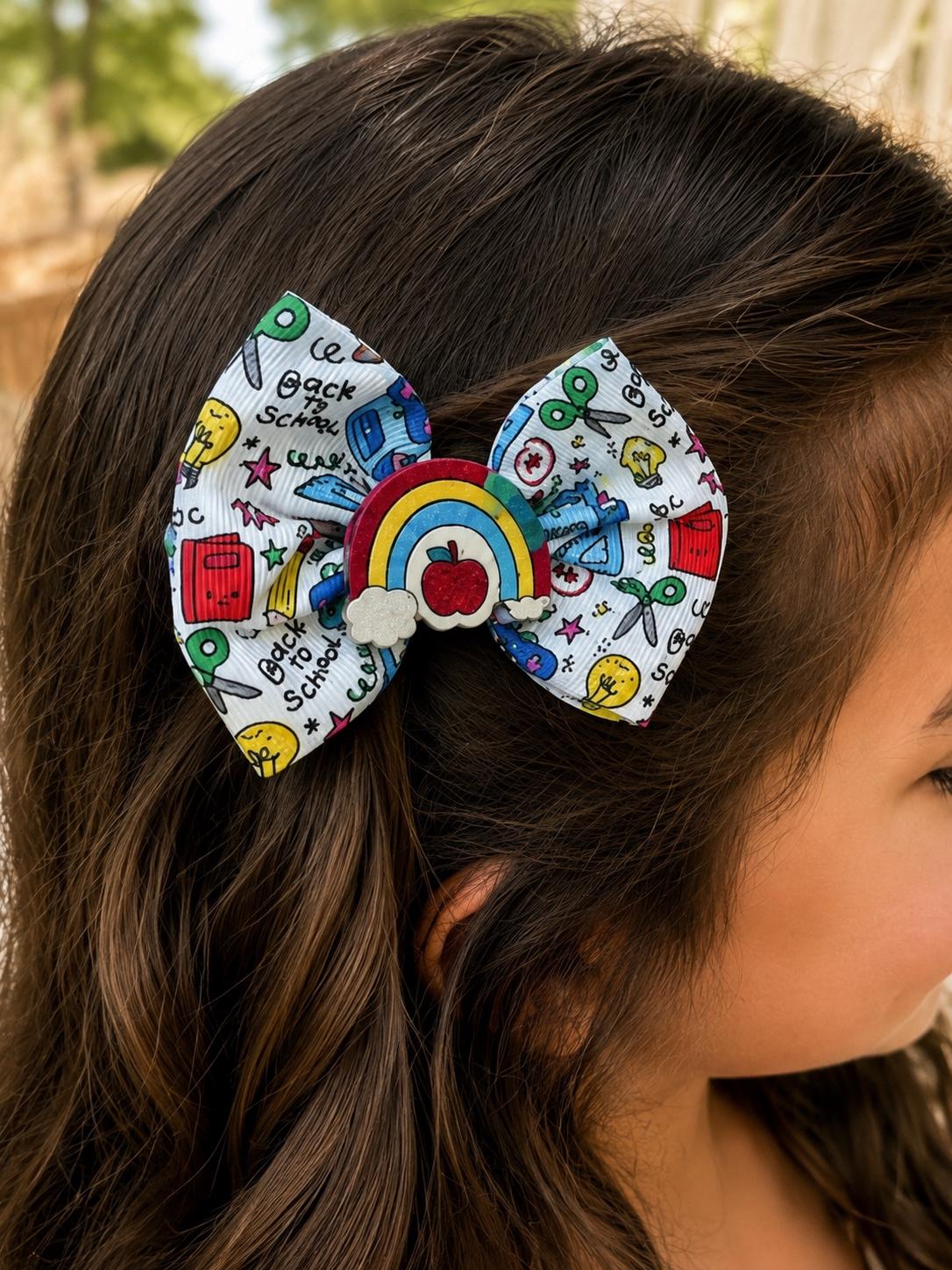 Back to school rainbow apple hair bow set for kids