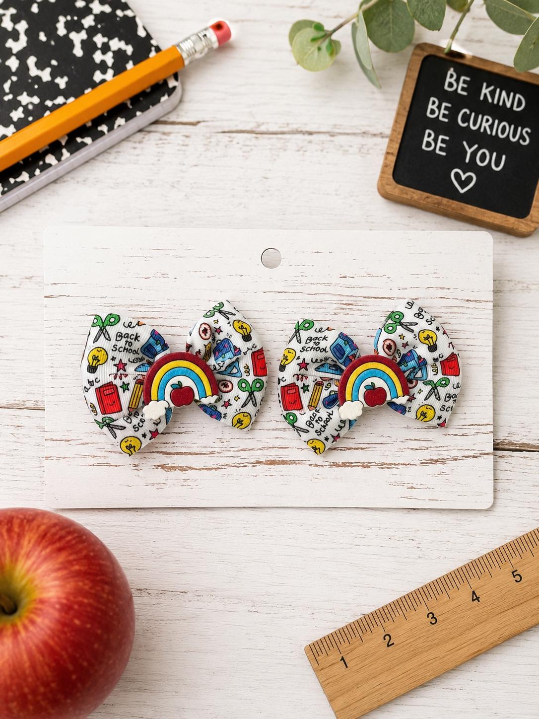 Back to school rainbow apple hair bow set for kids, view 2